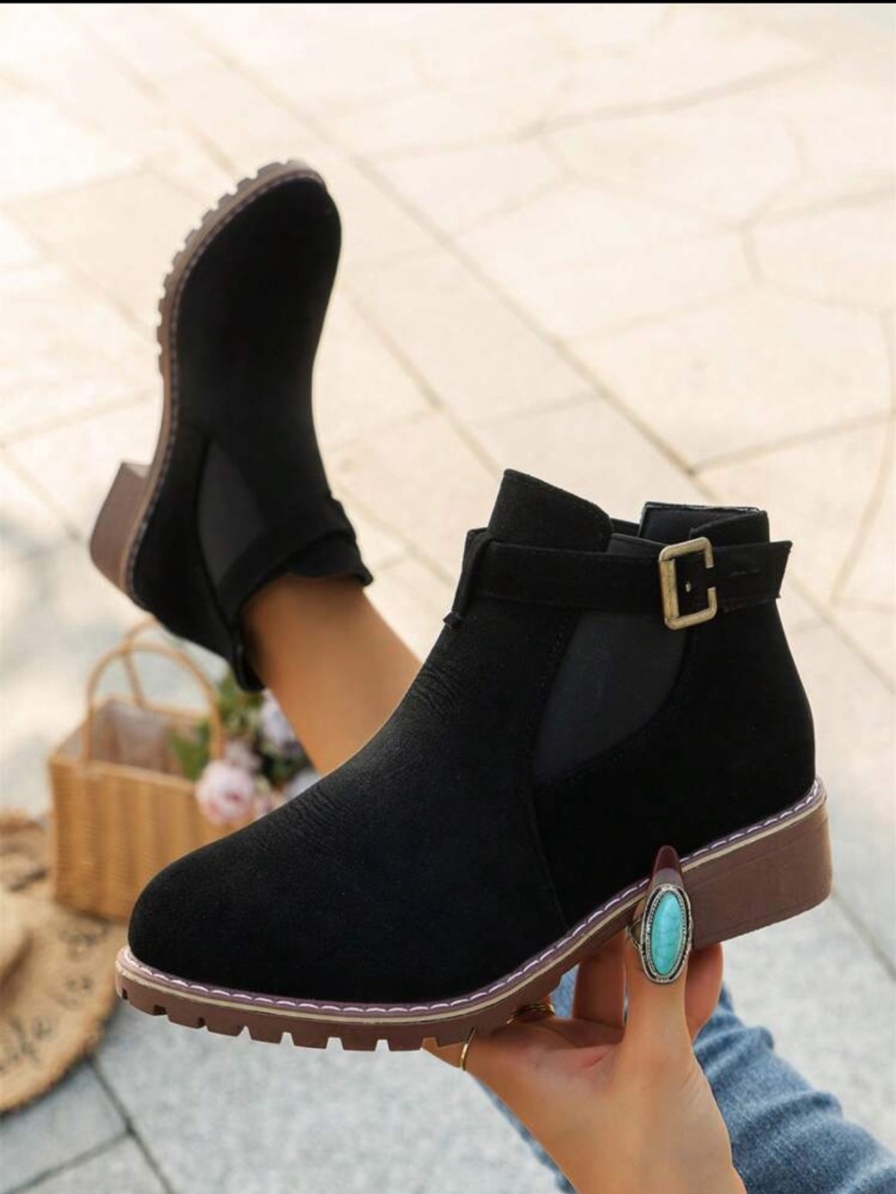 NEVER WORN: Black Suede Ankle Boots with Side Buckle